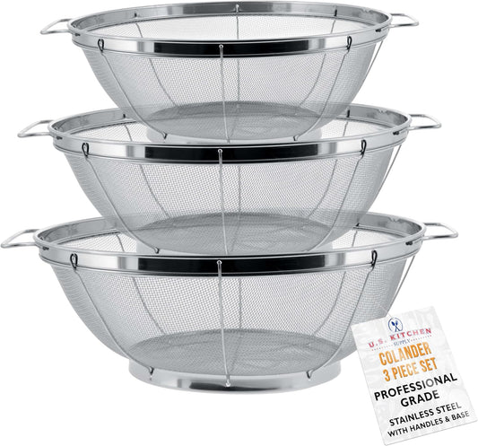 U.S. Kitchen Supply Set of 3 Stainless Steel Colander Strainers Net Baskets 5, 4, & 3-Quart - Colander with Handles & Resting Base - Stainless Steel Sieve, Mesh Strainers and Colanders for Kitchen