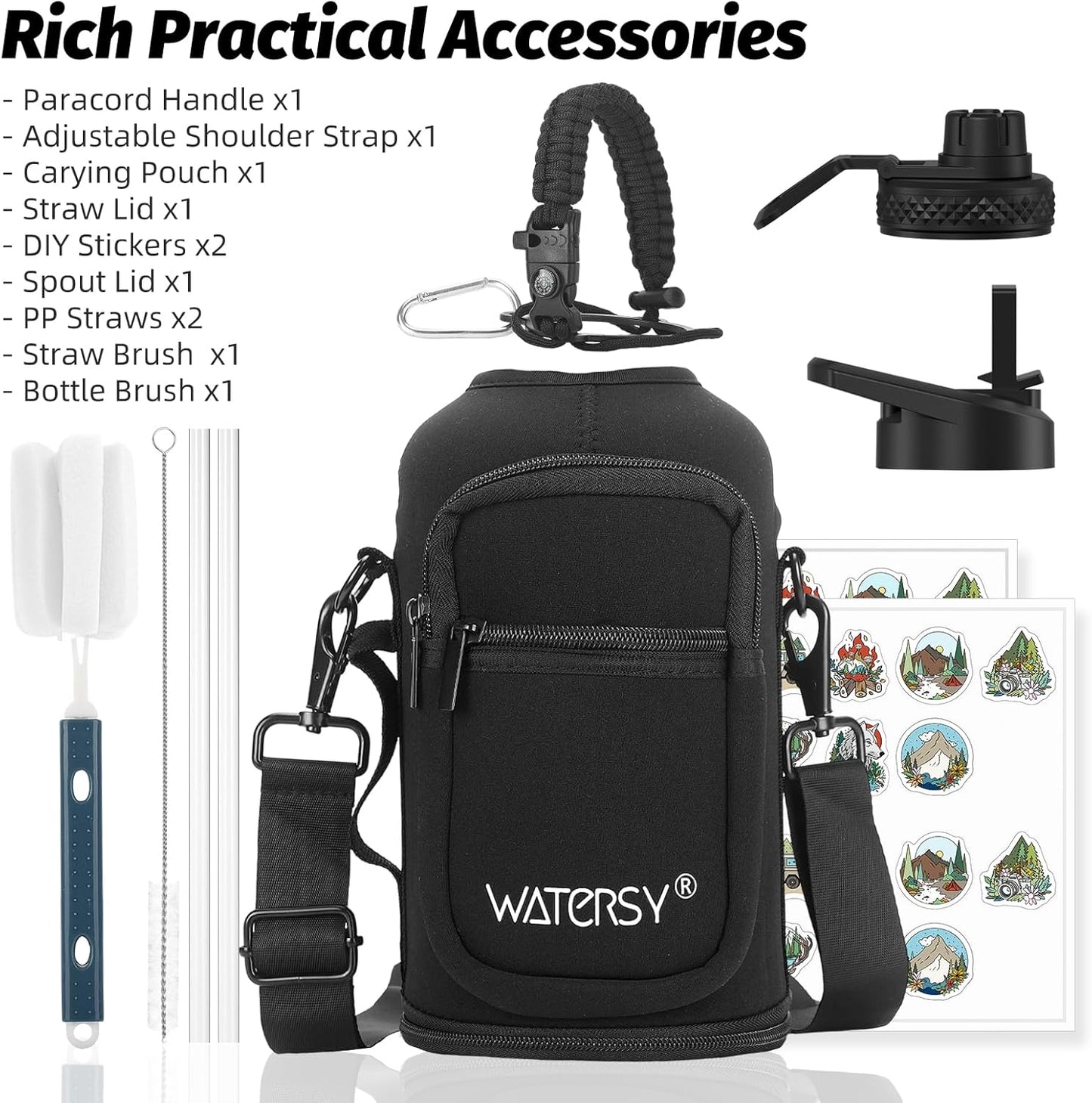 64oz Insulated Water Bottle (Cold for 48 Hrs),BPA Free&Leak Proof,Half Gallon Stainless Steel Water Flask,Water Jug with Straw Spout Lids for Gym,Hiking,Camping,Black Blue