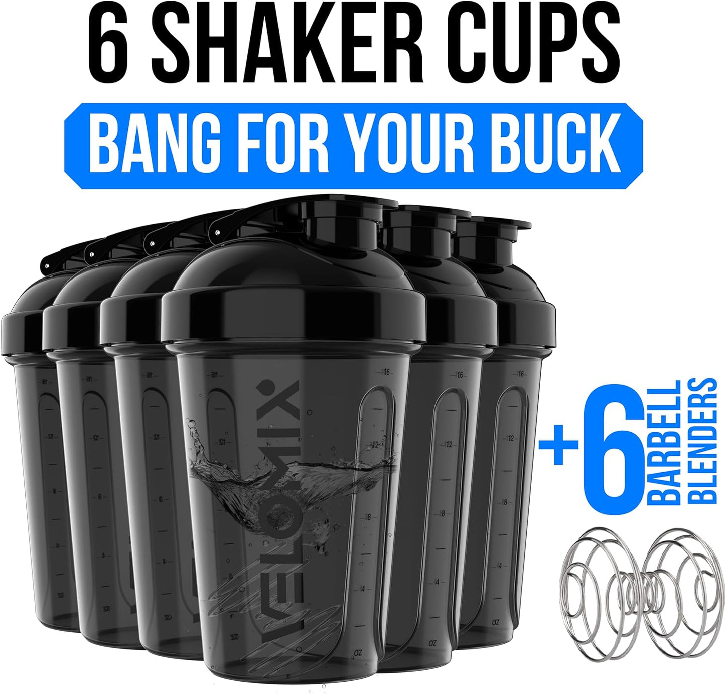 VELOMIX -6 PACK- Shaker Cups for Protein Shakes 20 oz - 6x Wire Whisk | Leak Proof Protein Shaker Bottle for Protein Shakes, Shaker Bottle Pack for Pre & Post Workout, Shaker Cup (ALL IN BLACK)