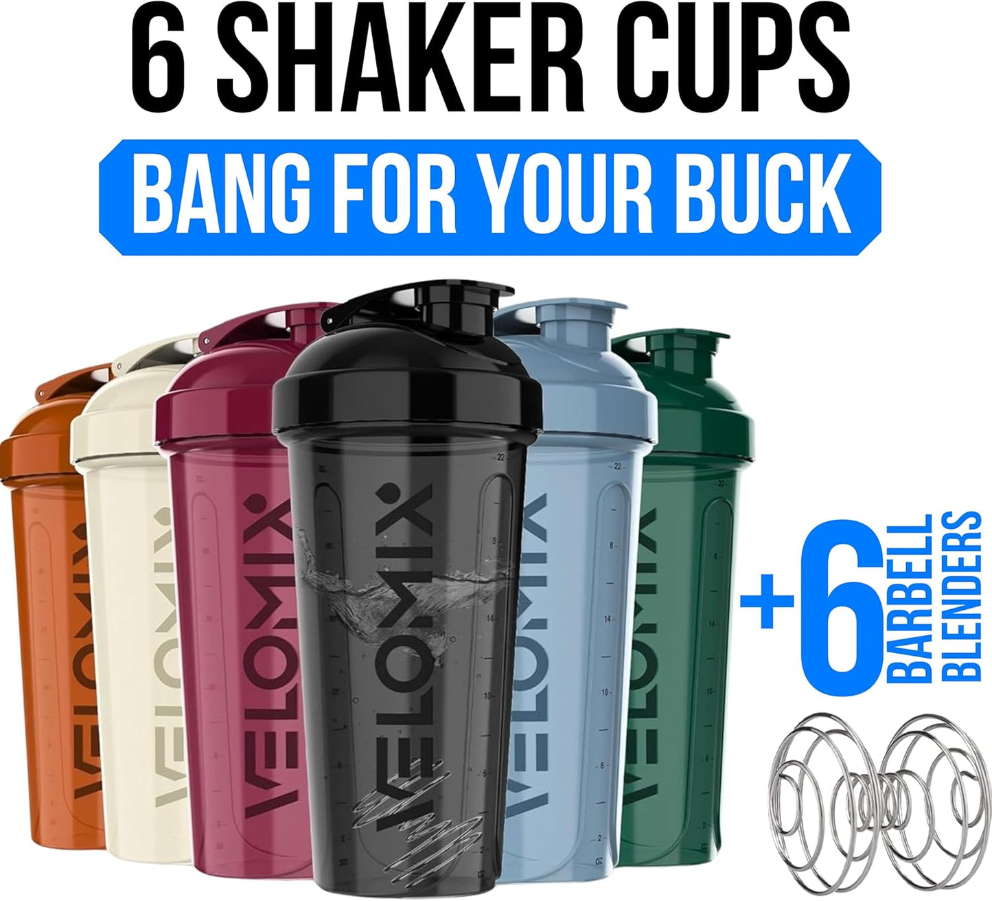 VELOMIX -6 PACK- 28 oz Protein Shaker Bottle for Protein Mixes - 6x Wire Whisk | Leak Proof Shaker Cups for Protein Shakes | Protein Shaker Bottle Pack | Protein Shake Cup (Earth Tones Collection)