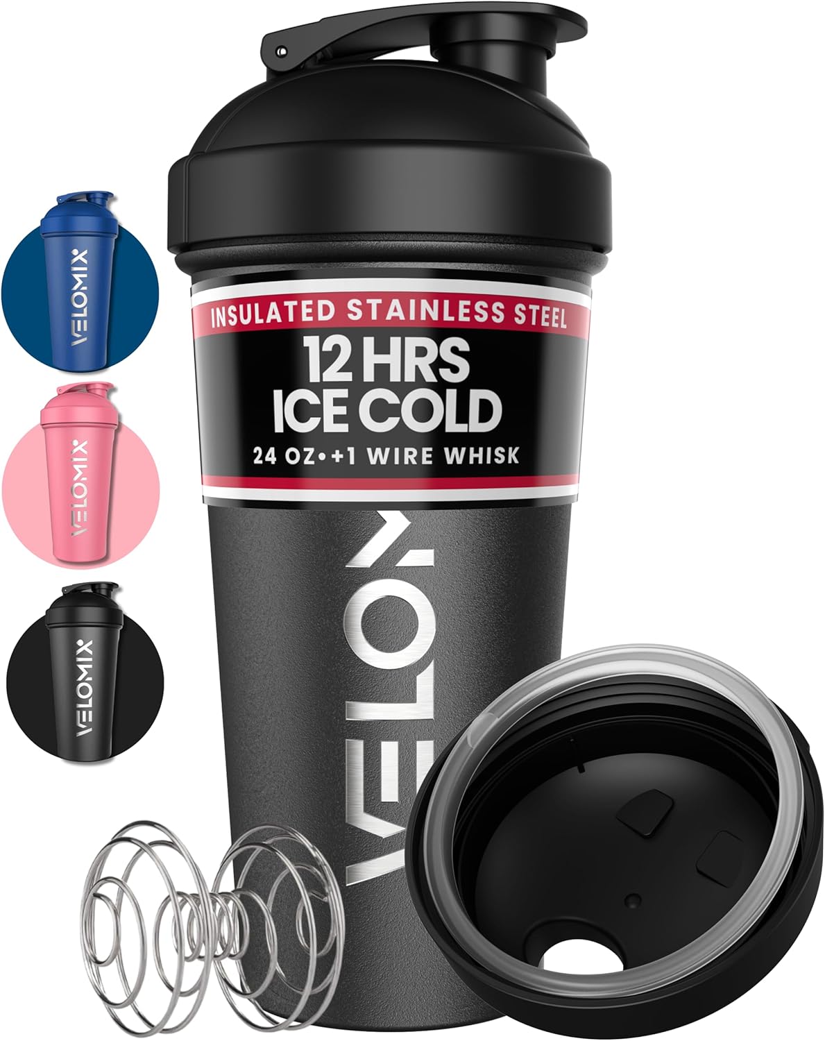 VELOMIX 24 oz Stainless Steel Shaker Bottle with Wire Whisk - Leakproof, No Clumps, Odor Resistant Metal Shaker Bottle, Insulated Shaker Cups for Protein Shakes, Pre Workout and Smoothie (Black)