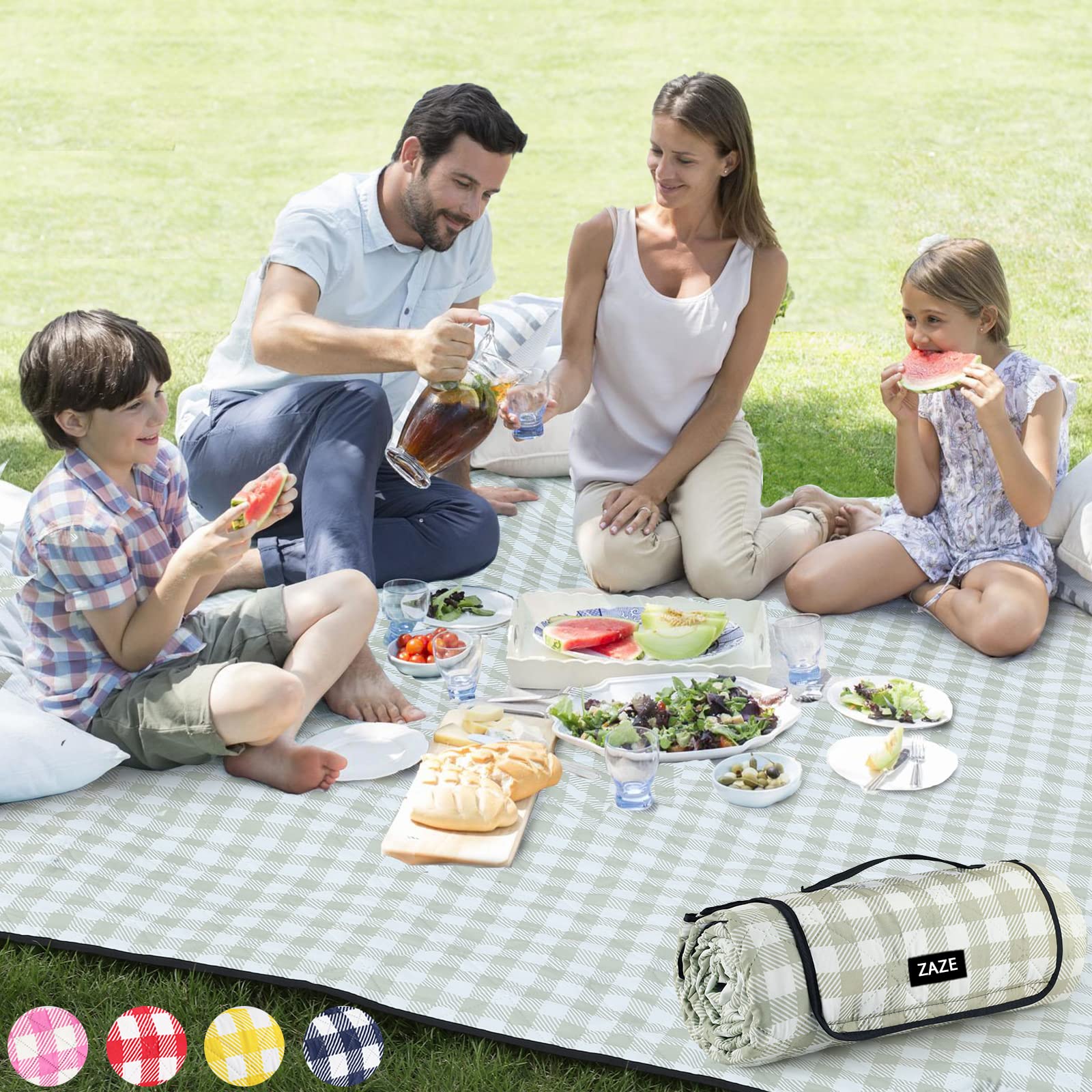 ZAZE Extra Large Picnic Outdoor Blanket, 80''x80'' Waterproof Foldable Blankets Gingham Picnic Mat for Beach, Camping Grass Lawn Park Accessories Cute Couple Gifts Ideas Wedding Registry(Green White)