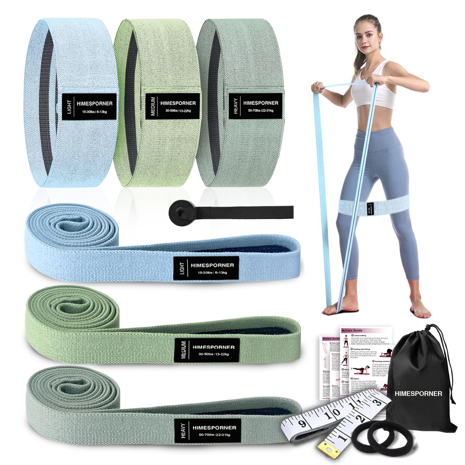 HIMESPORNER 9 PCS Fabric Resistance Bands Set for Working Out, Non-Slip Exercise Booty Bands for Women & Men Leg and Glutes with Hair Ties and Tape Measure - for Home Gym Workout, Yoga, Pilates