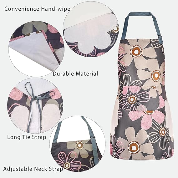 DILLMAN 2 Pack Floral Aprons with Pocket Blooming Womens Waterproof Adjustable Cooking Aprons Kitchen Gardening Salon
