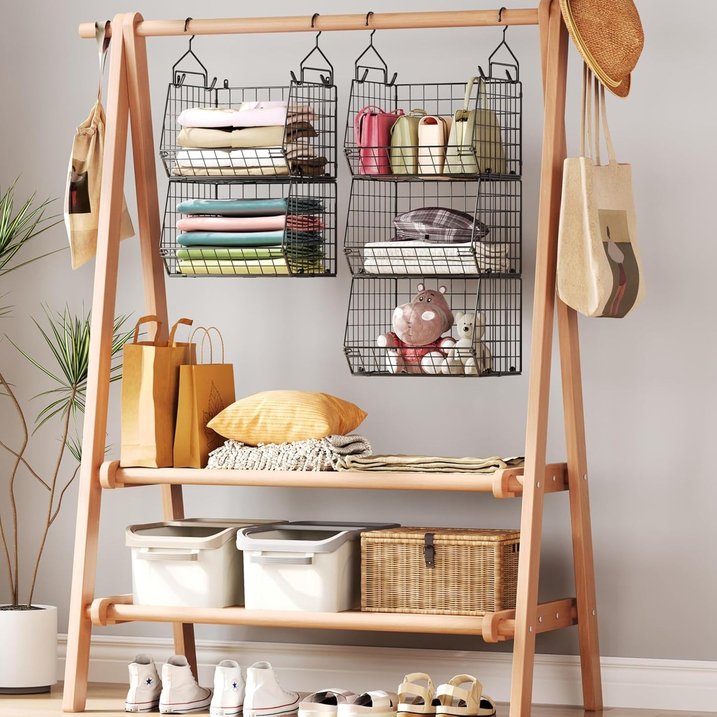 5 Tier Closet Hanging Organizer, Clothes Hanging Shelves with 4 Hanging Hooks 5 S Hooks, Wire Storage Basket Bins, for Clothing Sweaters Shoes Handbags Clutches Accessories Patent Design