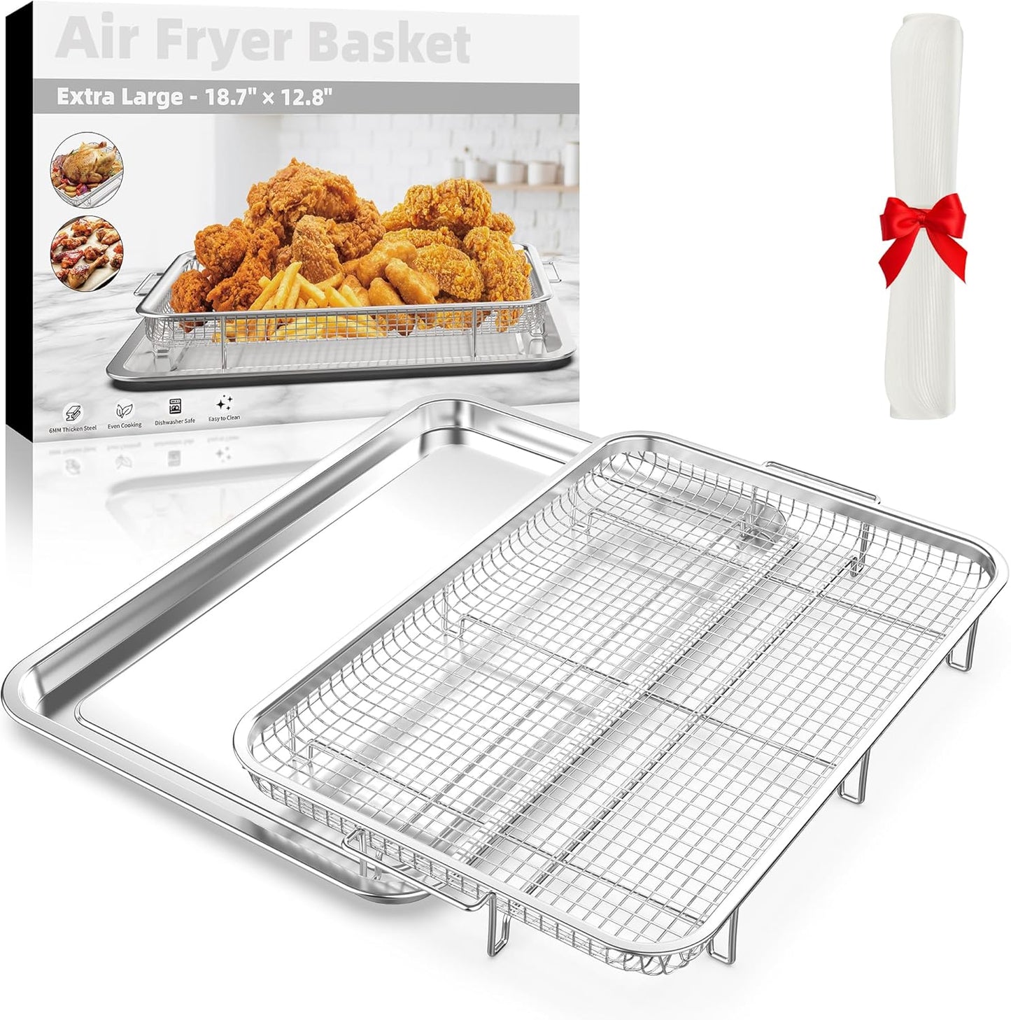 Air Fryer Basket for Oven, Extra Large 18.8" x 12.8" Oven Air Fryer Basket and Tray Set with 30 PCS Parchment Papers, Stainless Steel Air Fryer Pan and Crisper Tray (Silver)