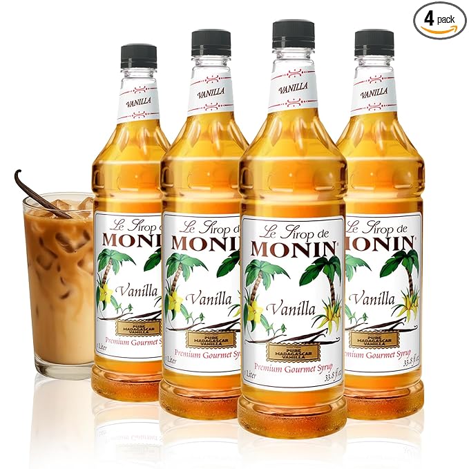 Monin - Vanilla Syrup | Pure & Rare Madagascar Vanilla, Premium Syrup for Coffee, Lattes & More | Clean Label, No Artificial Flavors, No Artificial Preservatives (BPA Free Bottle, 33.8 fl oz, 4-pack)