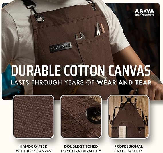 Asaya Chef and BBQ Apron with Bottle Opener and Hand Towel - 10oz Cotton Canvas, Stainless Steel Hardware - Cross Back Straps