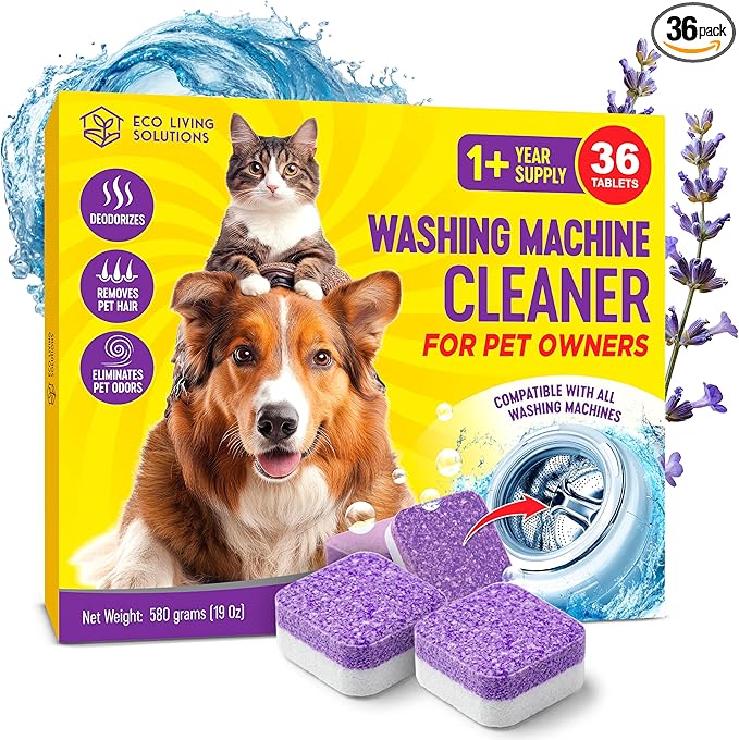 ECO LIVING SOLUTIONS Washing Machine Cleaner Tablets for Pet Owners, 36 Pack, Front&Top Load Washer Deep Cleaning, HE & Septic Tank Safe, Remove Pet Hair, Eliminates Smells, Prevents Dander Build-up