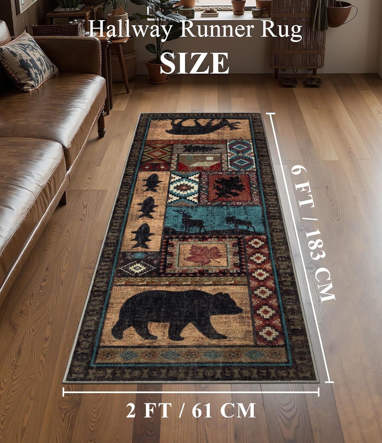 Hallway Runner Rug 2x6 Indoor Door Mat - Bear Rustic Cabin Non-Slip Entryway Rug, Low Pile Tribal Print for Kitchen, Bedroom