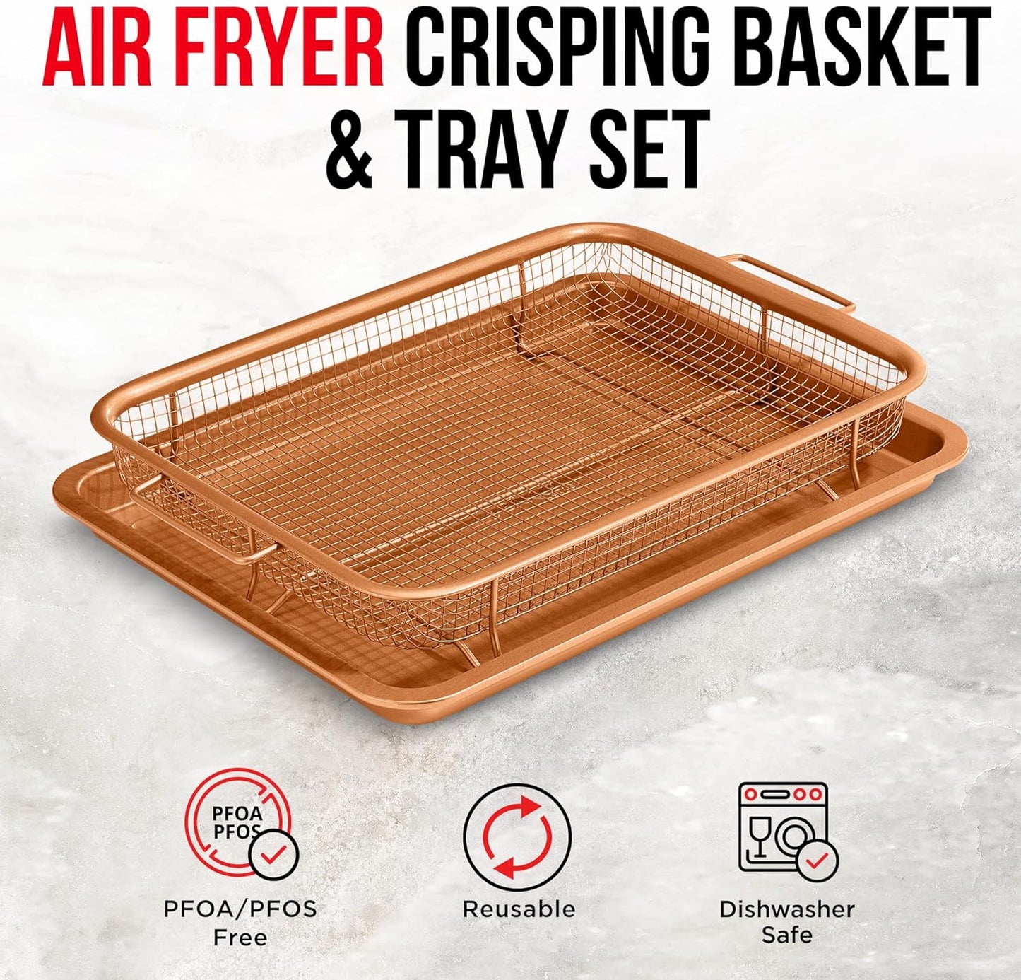 Bakken Swiss 2-in-1 Air Fryer Tray – Nonstick Copper Crisper Basket with Elevated Mesh, Extra-Large 9.5"x13", Ideal for Oven Baking & Crispy Foods, PTFE/PFOA/PFOS Free, Dishwasher Safe