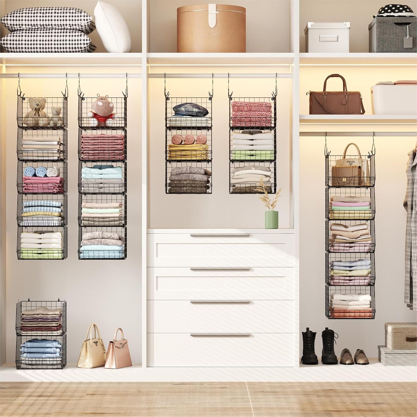 5 Tier Closet Hanging Organizer, Clothes Hanging Shelves with 4 Hanging Hooks 5 S Hooks, Wire Storage Basket Bins, for Clothing Sweaters Shoes Handbags Clutches Accessories Patent Design