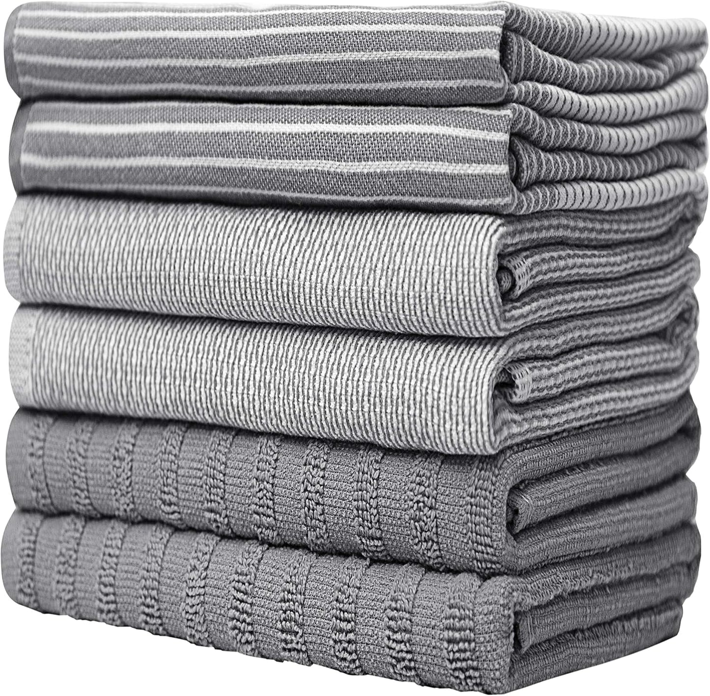 Premium Kitchen Towels (20”x 28”, 6 Pack) | Large Cotton Dish Towels | Flat & Terry Highly Absorbent Kitchen Linen Set with Hanging Loop | Gray | 20"x 28", 6 Pack, Large, Cotton, Flat &