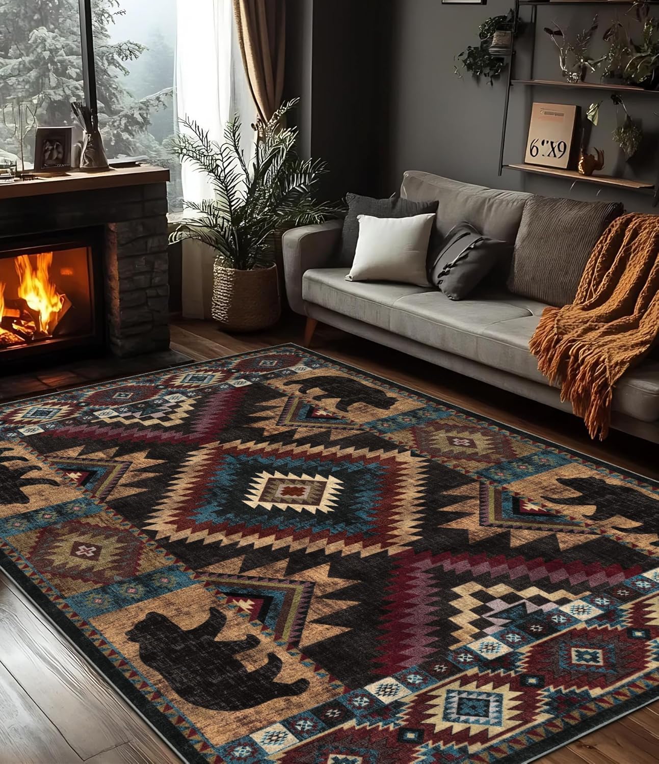 YIHOUSE Rustic Cabin Area Rug for Bedroom 5x7,Machine Washable Lodge Bear Rug,Non-Slip Low Pile Print Pattern Western Rug for Living Room