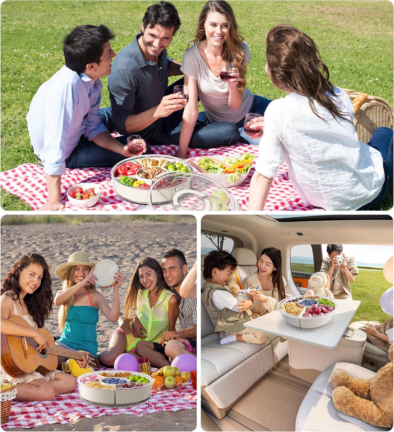 Divided Rotating Serving Tray with Lid and Handle, Portable Snackle Box for Fruits Snacks Veggie Charcuterie, Clear Lazy Susan Organizer and Fridge Storage Container for Adults Child (1PCS,12" L