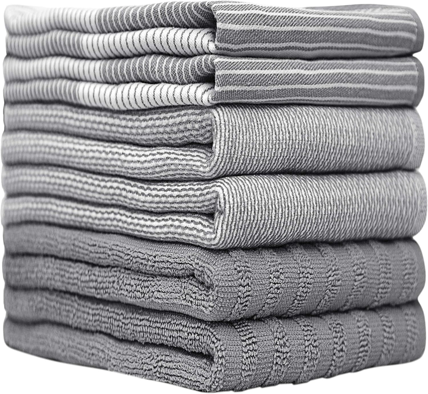 Premium Kitchen Towels (20”x 28”, 6 Pack) | Large Cotton Dish Towels | Flat & Terry Highly Absorbent Kitchen Linen Set with Hanging Loop | Gray | 20"x 28", 6 Pack, Large, Cotton, Flat &