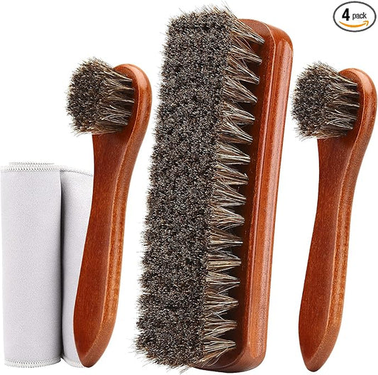Unekez 4-Piece Horsehair Shoe Brush Shine Kit, Shoe Polish Kit, Leather Shoes Boot Cleaning Brush Care Clean Dauber Applicators