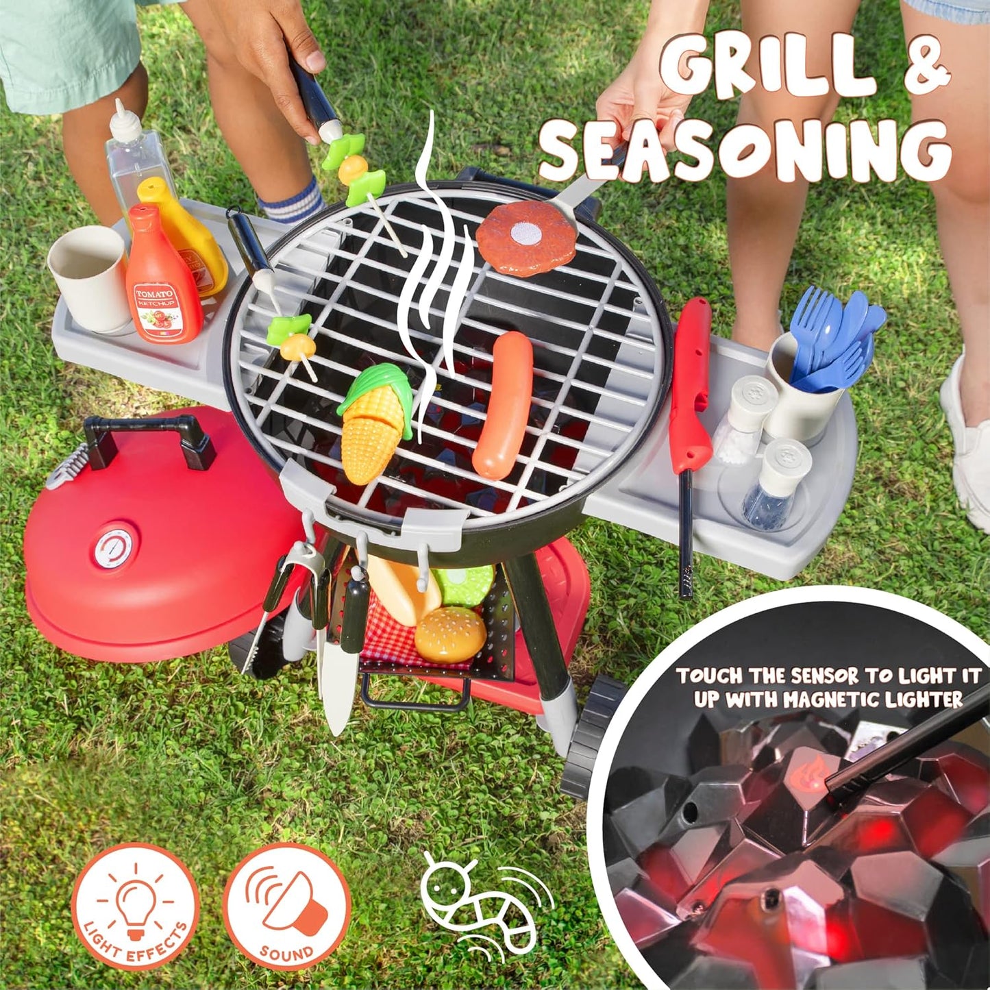 JOYIN 34 PCS Kitchen Toy Set, BBQ Play Grill, Cooking Toy Set, Little Chef Play, Kids Grill Playset Interactive BBQ for Kids with Light & Sound, Christmas Birthday Gift for 2 3 4 Year Old Boys Girls