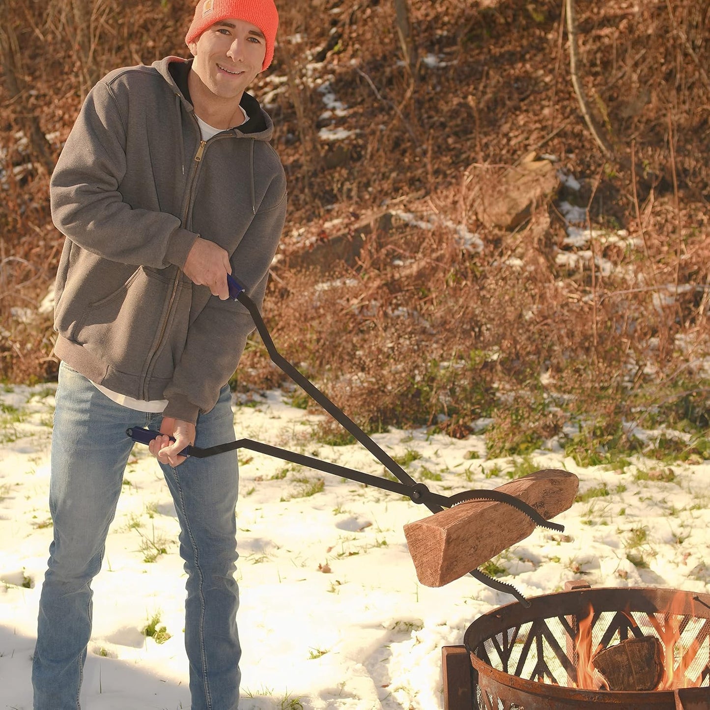 40in Heavy Duty Fire Tongs Firewood Grabber Tool with Scissor Shape Serrated, Log Claw Tongs for Bonfire Campfire Fire Pit Outdoor Indoor Log Grabber Rustproof Safely Moves Firewood