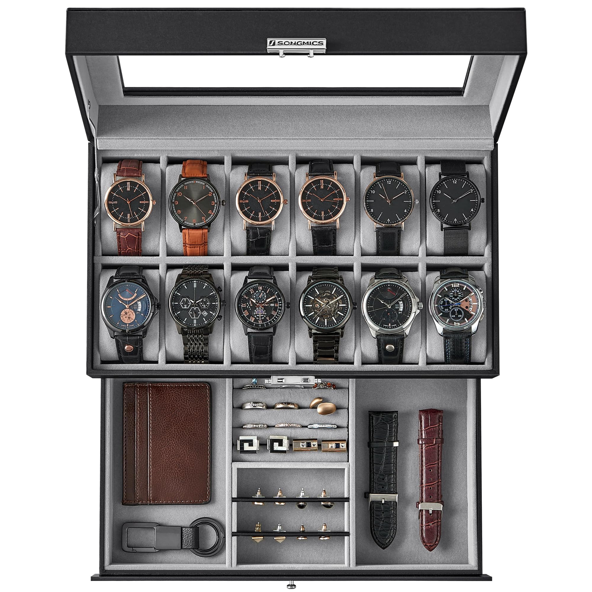 SONGMICS Watch Box, 12-Slot Watch Case Organizer with Large Glass Lid, 2 Layers, Removable Pillows, Metal Lock, Gift for Loved Ones, Black Synthetic Leather, Gray Lining UJWB012
