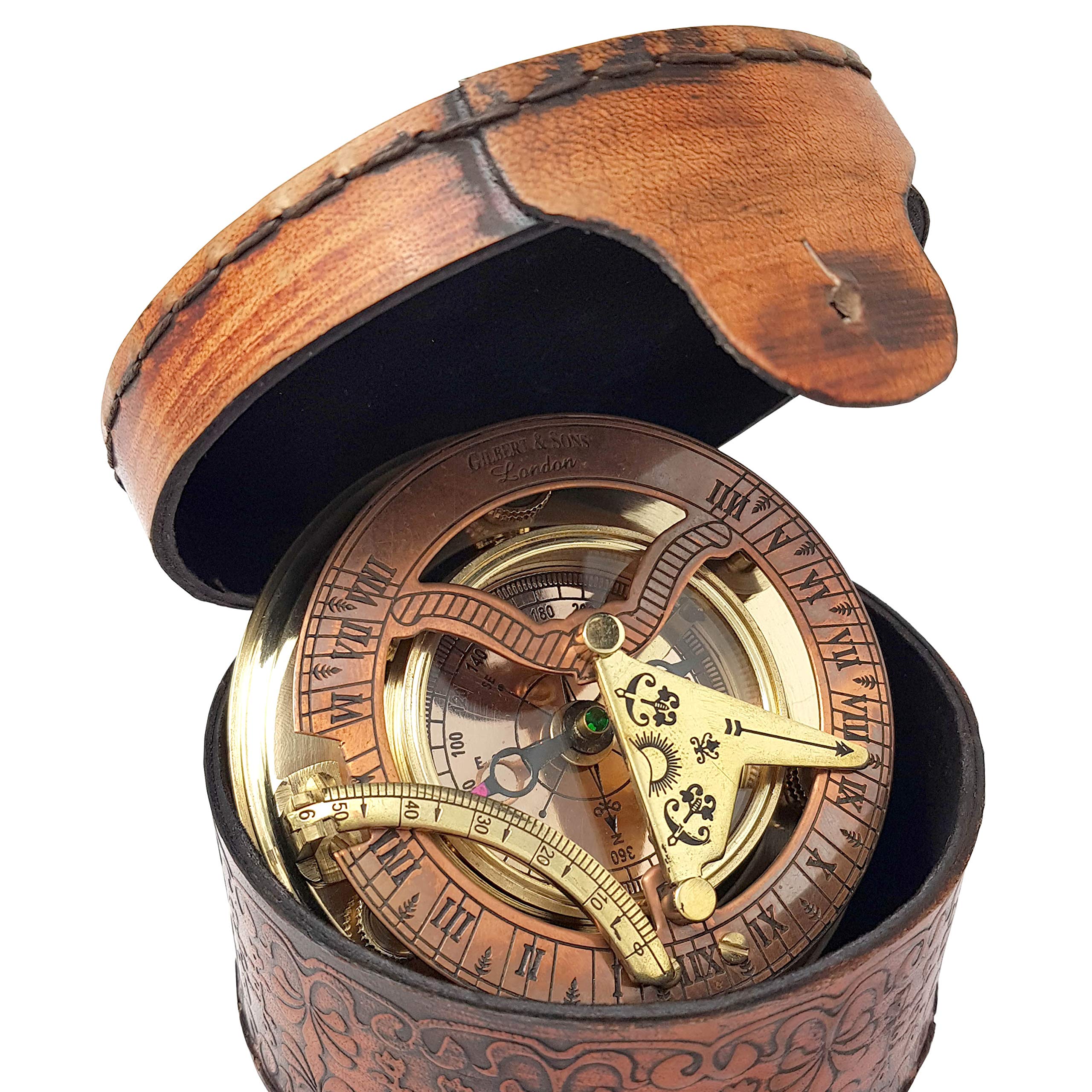 Brass Nautical - Antique Brass & Copper Sundial Compass, Sundial Clock in Box Gift Sun Clock Ship Replica Watch