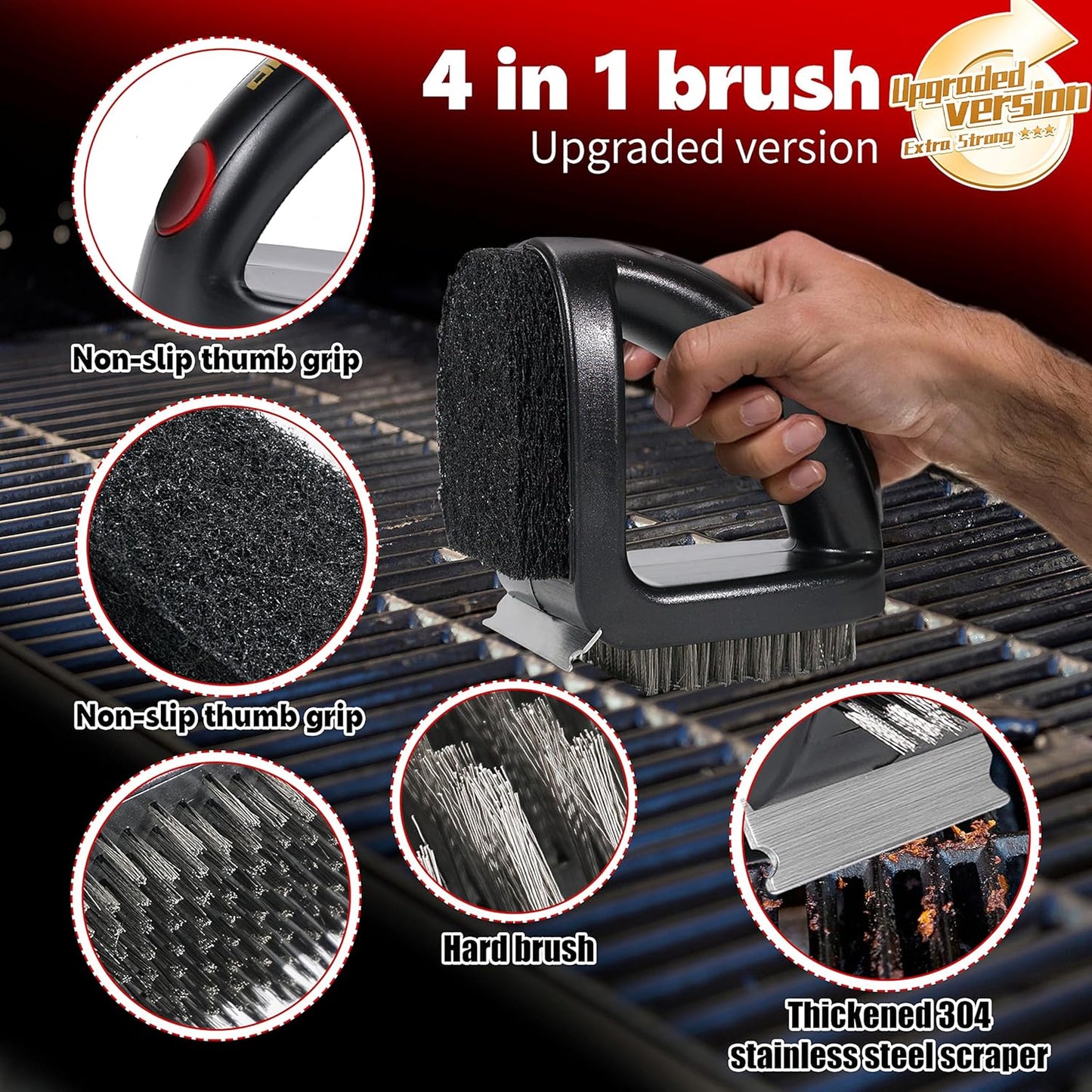 RELHP 4-in-1 Grill Brush [Bristle-Free Sponge Pad & Wire] Combined BBQ Brush,Ultra Safe & Heavy-Duty Grill Cleaner for Outdoor Grill Grill Brush and Scraper Grill Accessories Gifts for Men/Dad
