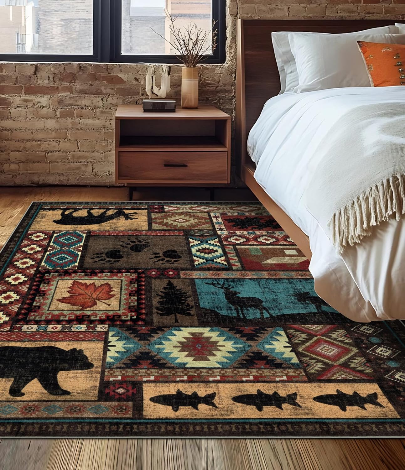 YIHOUSE Rustic Cabin Area Rug 5x7,Machine Washable Lodge Bear Rug,Non-Slip Low Pile Print Pattern Southwestern Rug for Living Room Bedroom