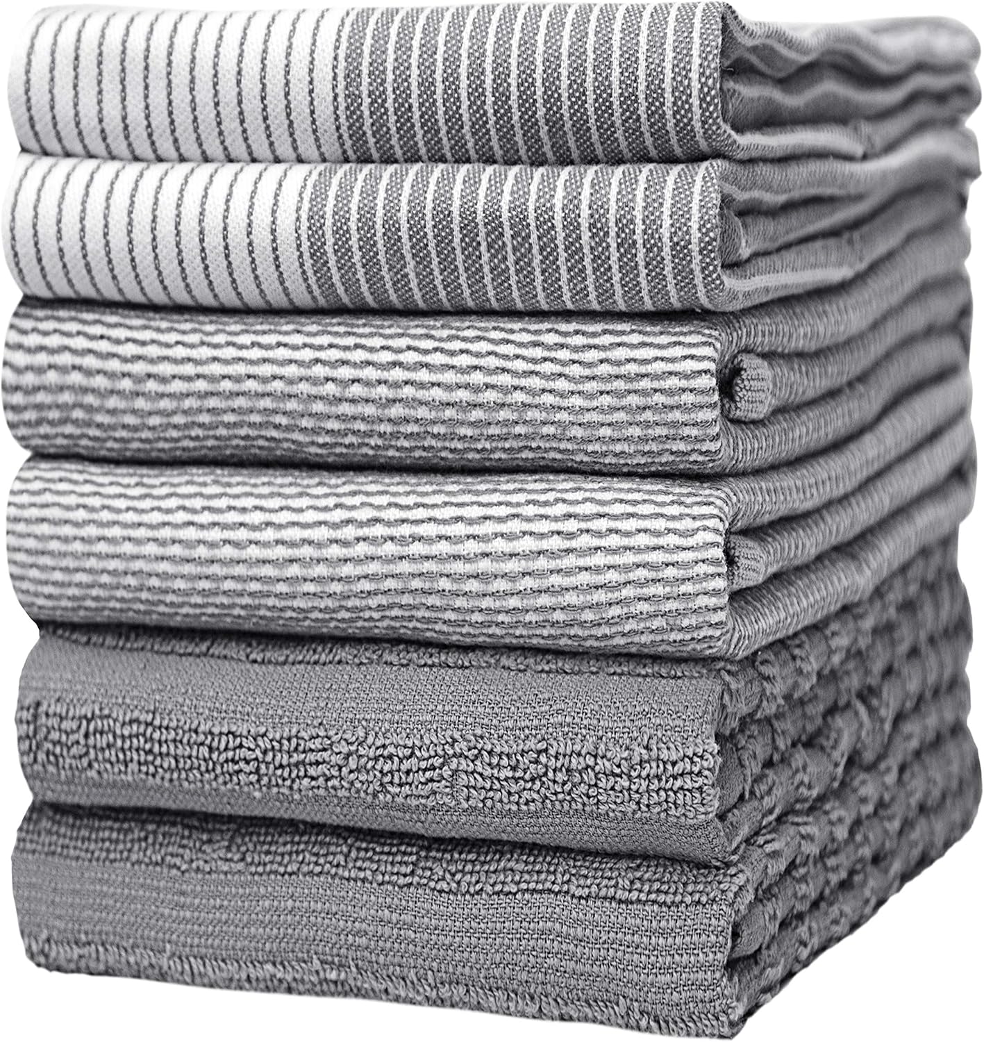 Premium Kitchen Towels (20”x 28”, 6 Pack) | Large Cotton Dish Towels | Flat & Terry Highly Absorbent Kitchen Linen Set with Hanging Loop | Gray | 20"x 28", 6 Pack, Large, Cotton, Flat &