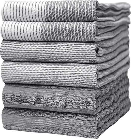 Premium Kitchen Towels (20”x 28”, 6 Pack) | Large Cotton Dish Towels | Flat & Terry Highly Absorbent Kitchen Linen Set with Hanging Loop | Gray | 20"x 28", 6 Pack, Large, Cotton, Flat &