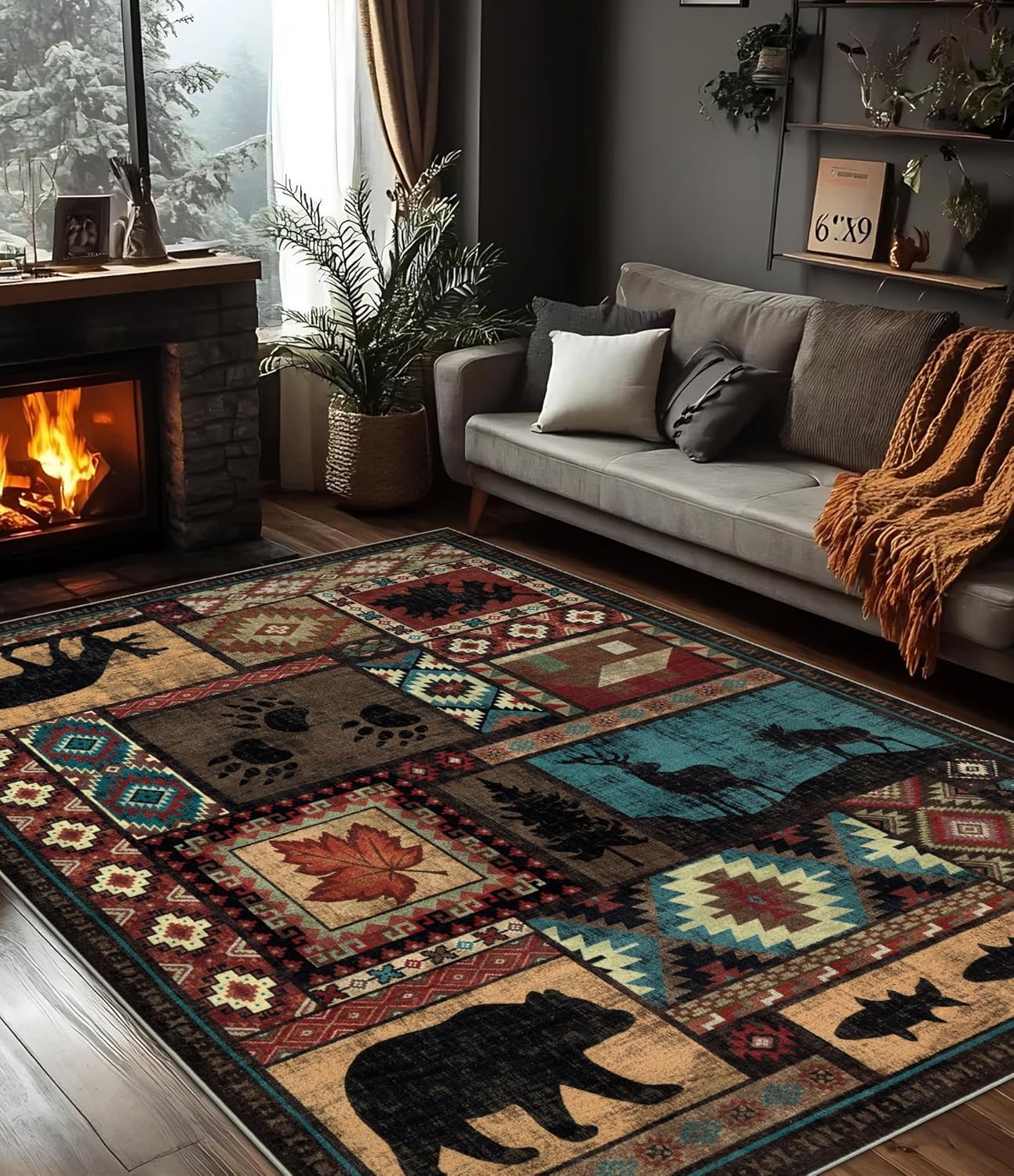 YIHOUSE Rustic Cabin Area Rug 5x7,Machine Washable Lodge Bear Rug,Non-Slip Low Pile Print Pattern Southwestern Rug for Living Room Bedroom