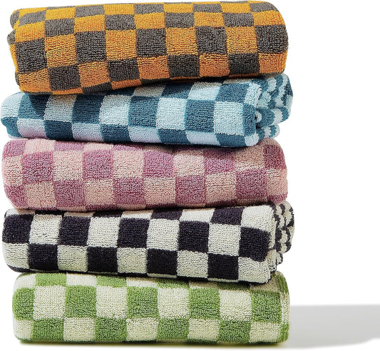 Hand Towels 5 Pack - Cotton Face Towels Soft, Absorbent, and Decorative Checkered Design for Bathroom, Kitchen, Gym, and Spa - 13 x 29 Inches for Any Occasion